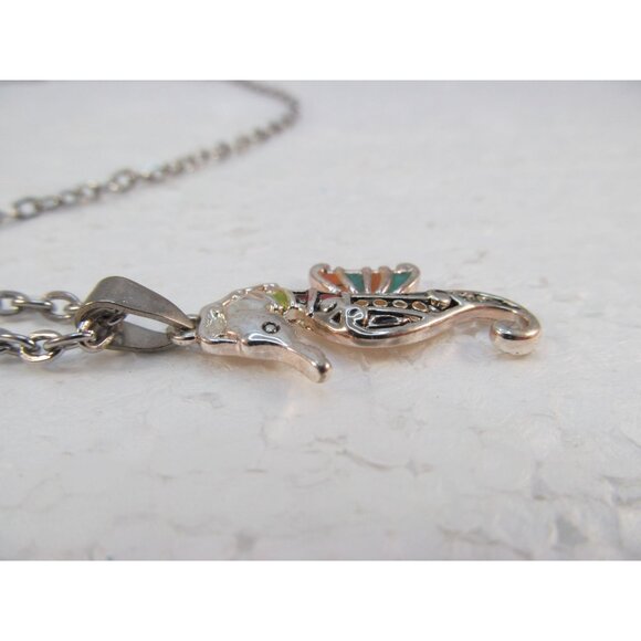 Silver Tone Enamel Seahorse Pendant Necklace - Picture 8 of 12